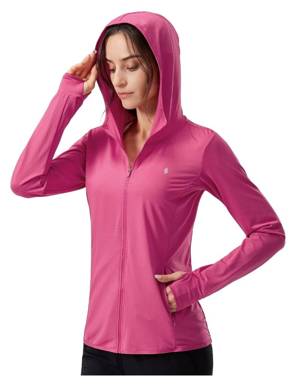 Women E-sizzling Pink Hoodie Thumbhole Long Sleeve Inner Pockets Full ZIP Jacket
